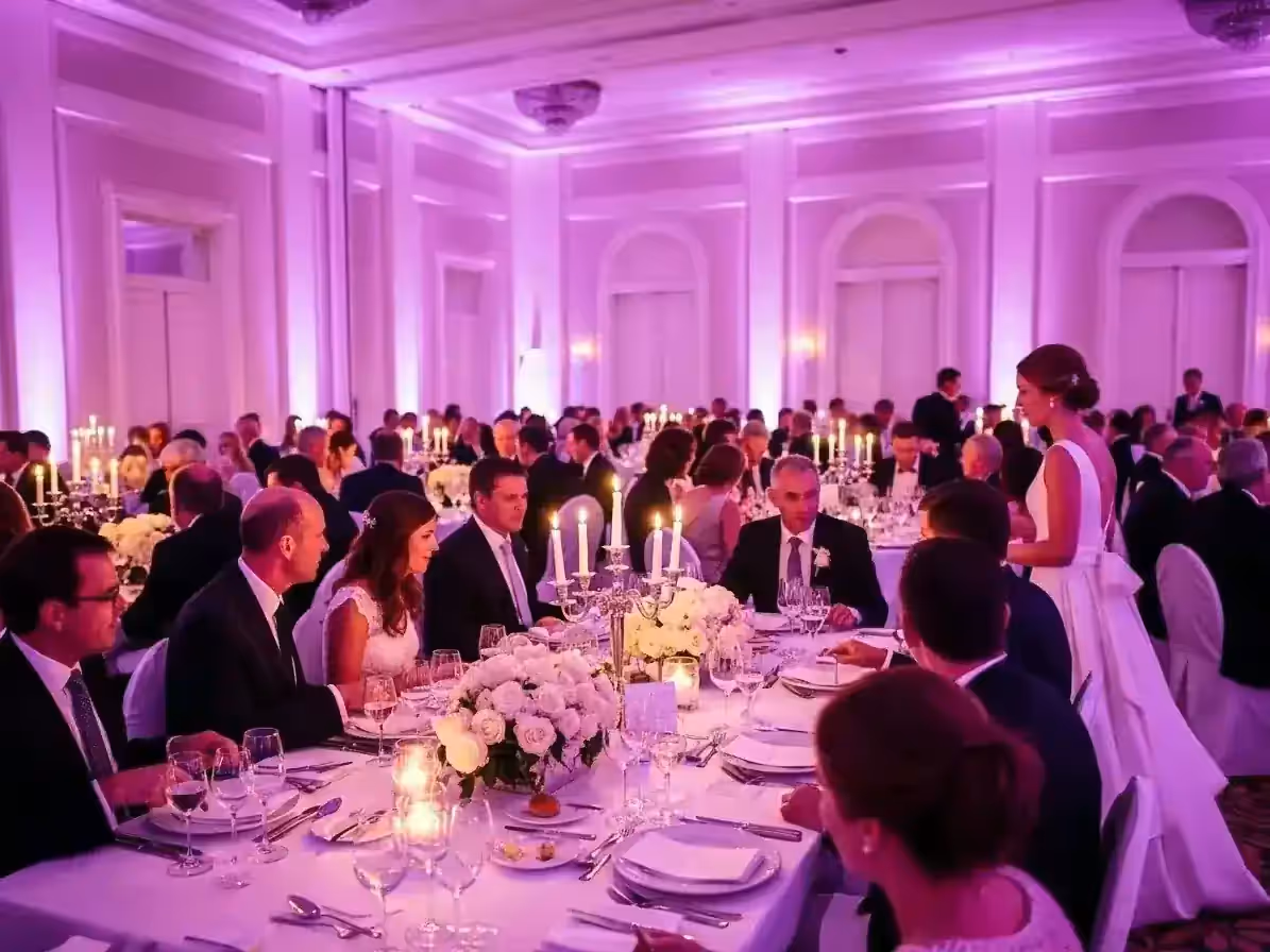 Mesa de banquete destacada con iluminación rosa