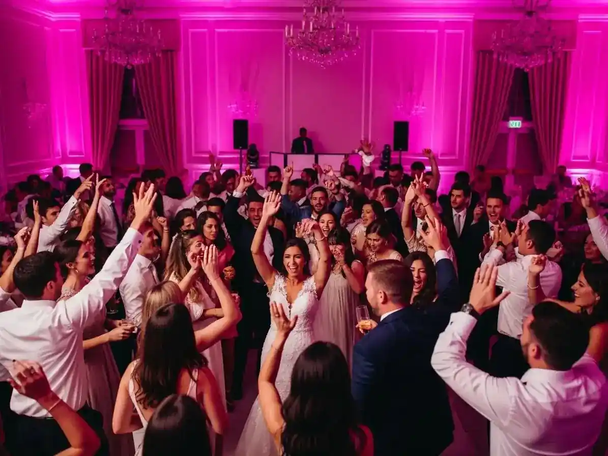 Renta de luces para fiestas con iluminacion rosa en salon de baile