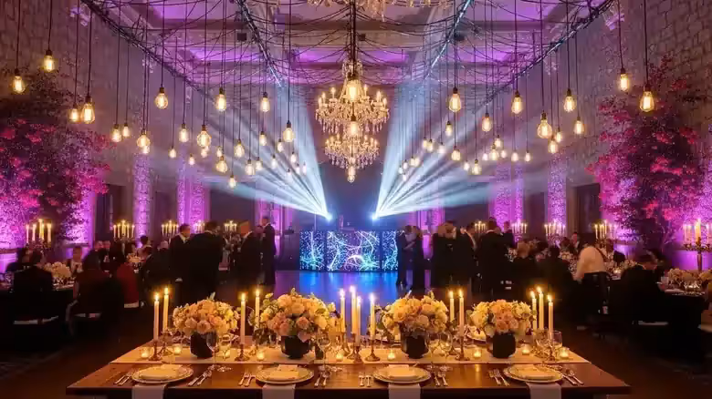 Cañón de confeti dorado lanzando papelitos en celebración de boda