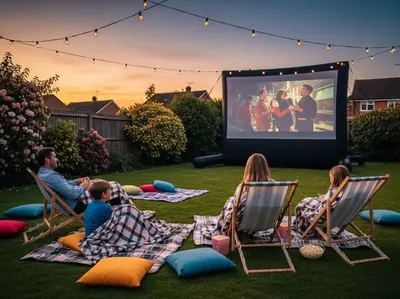 Pantalla inflable en boda al aire libre en jardin de Coyoacan