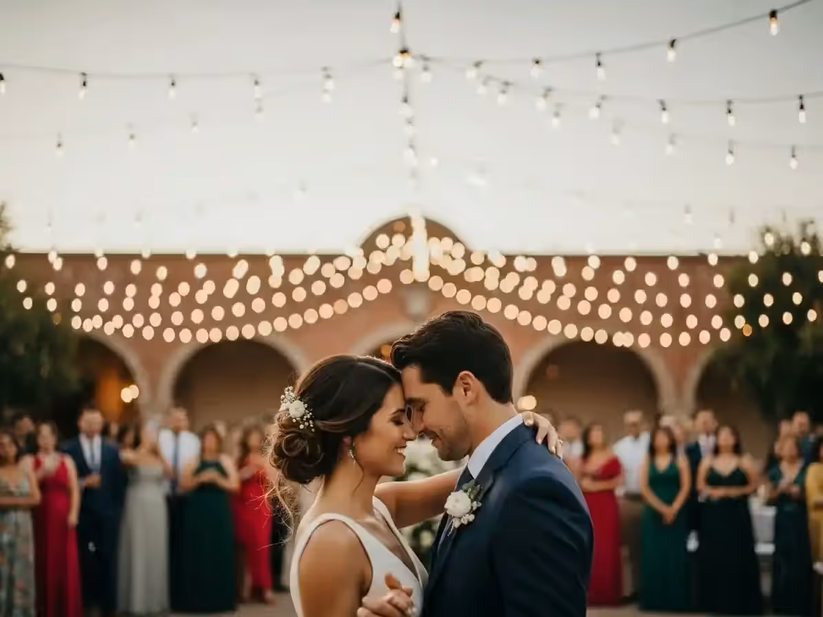 Baile de novios en hacienda bajo guirnaldas cruzadas