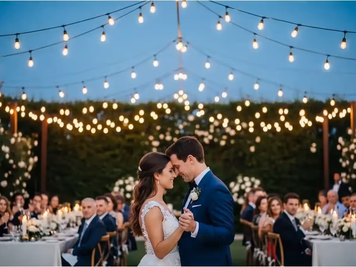 Recepción de boda con techo de luces cálidas sobre los que bailan