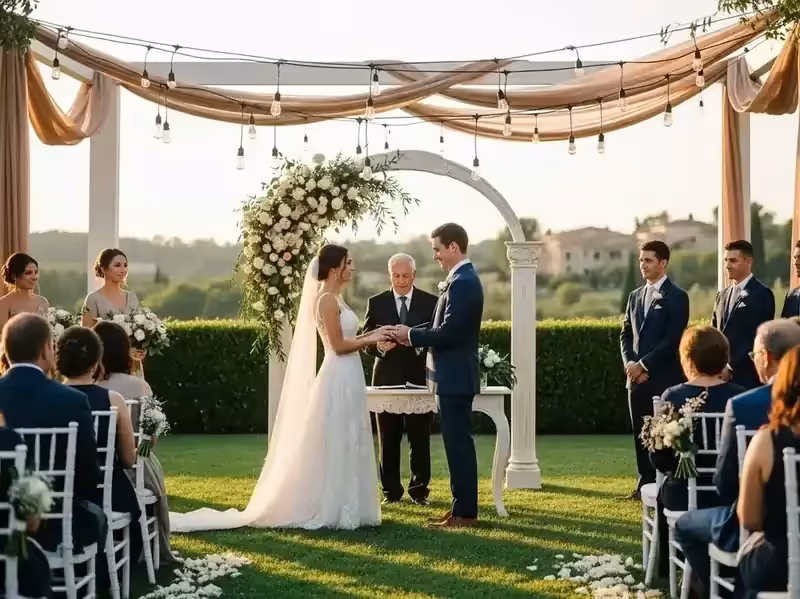 Arco floral de boda delineado con guirnaldas de foco Edison