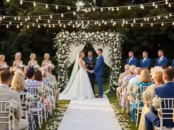 Arco floral con guirnaldas para boda al aire libre