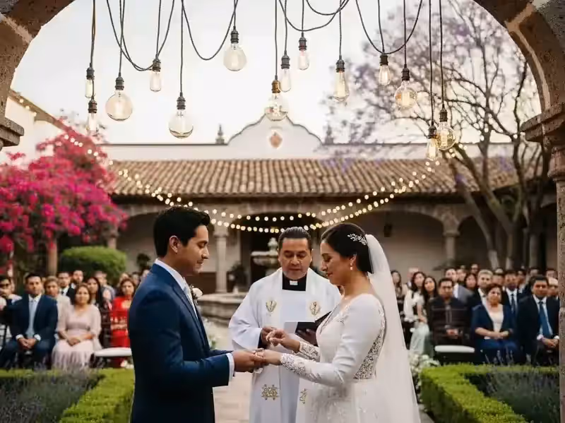 Renta de guirnaldas Edison en boda de hacienda mexicana