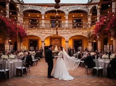 Guirnaldas Edison iluminando patio colonial en boda