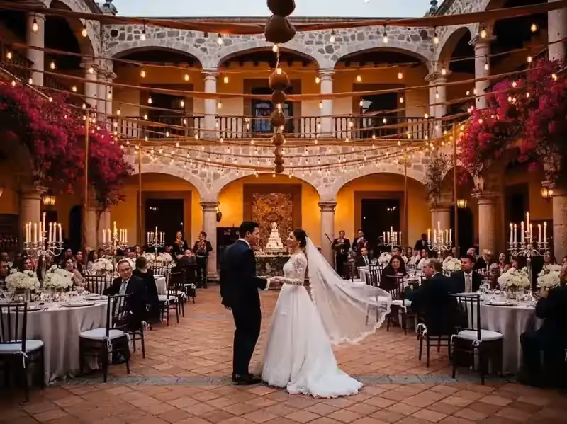 Patio colonial con guirnaldas para recepción