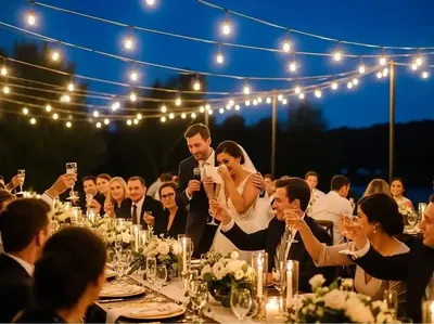 Brindis de boda nocturno con guirnaldas al exterior - Iluminación profesional