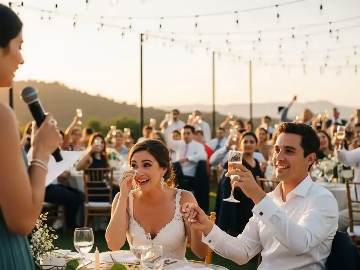 Brindis de una boda en hacienda con luz cálida de guirnaldas