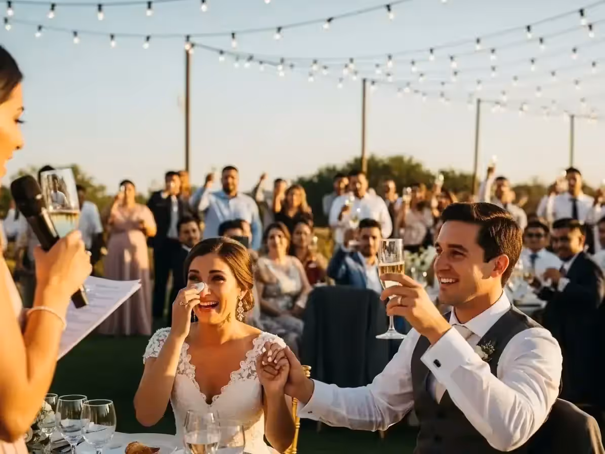 Invitados brindando con los novios bajo el tendido de luces