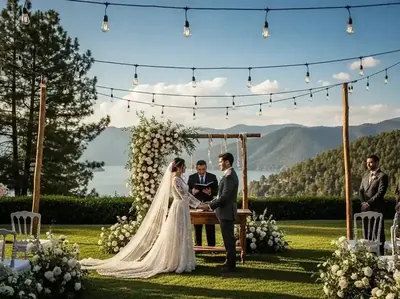 Guirnaldas para ceremonia de boda con vista al lago y montañas