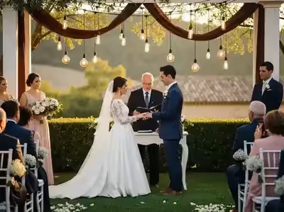 Guirnaldas con focos Edison en pérgola de ceremonia de boda