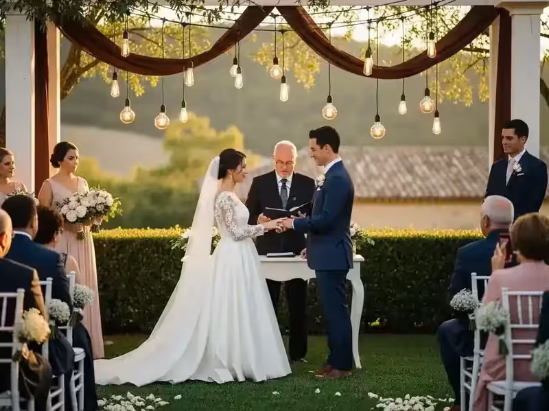 Pérgola con focos Edison para ceremonia rústica