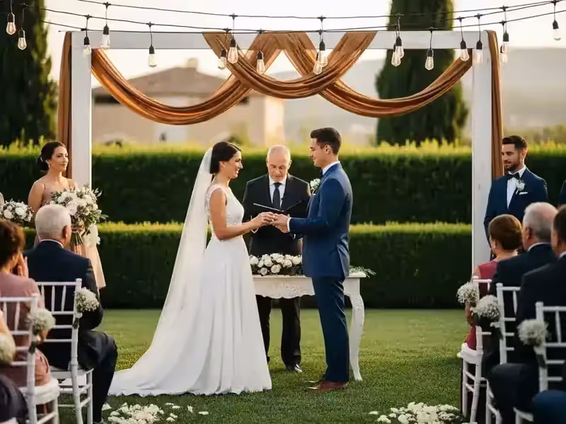 Pérgola con telas y guirnaldas para ceremonia