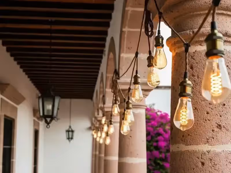 Focos Edison en arcos coloniales con bugambilia