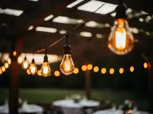 Pérgola de evento decorada con focos Edison vintage