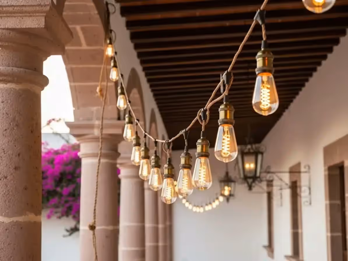 Corredor de hacienda con focos Edison vintage
