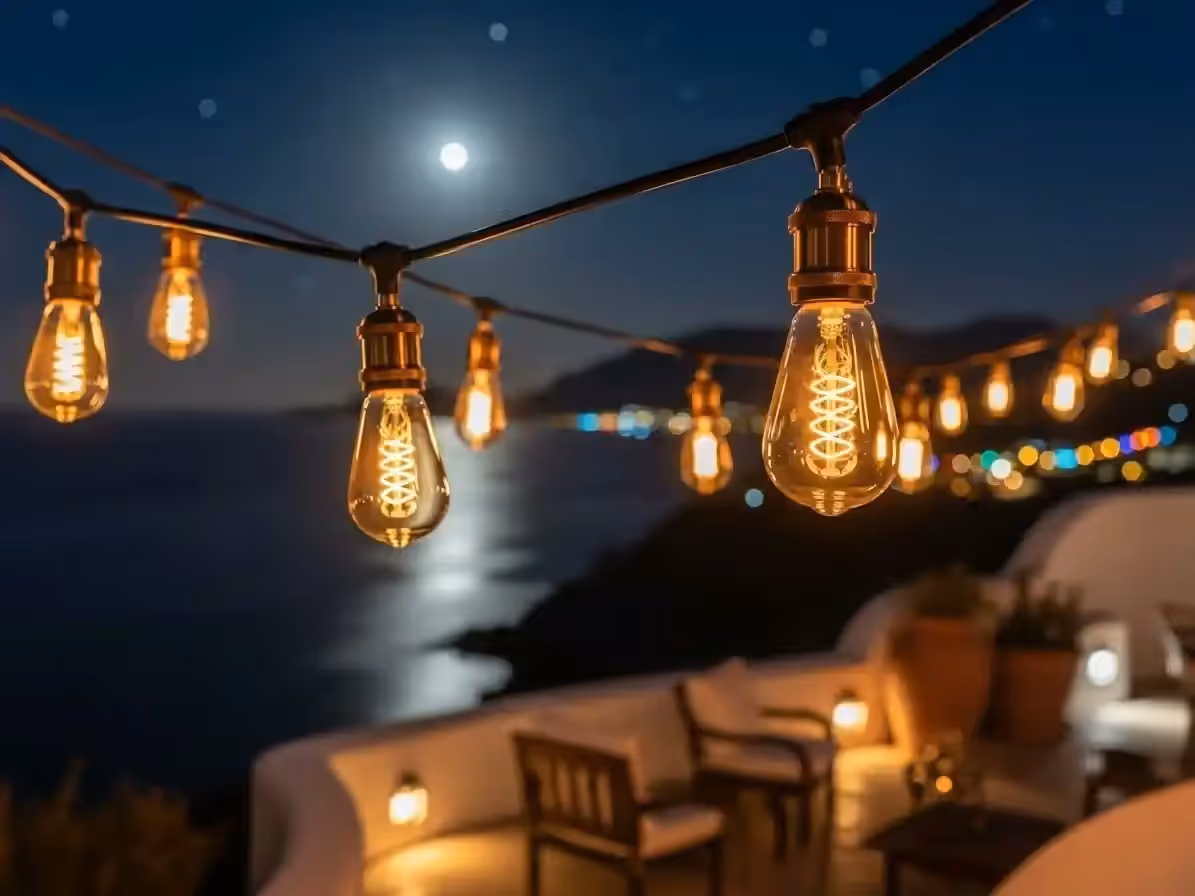 Guirnaldas Edison en terraza junto al mar durante evento nocturno