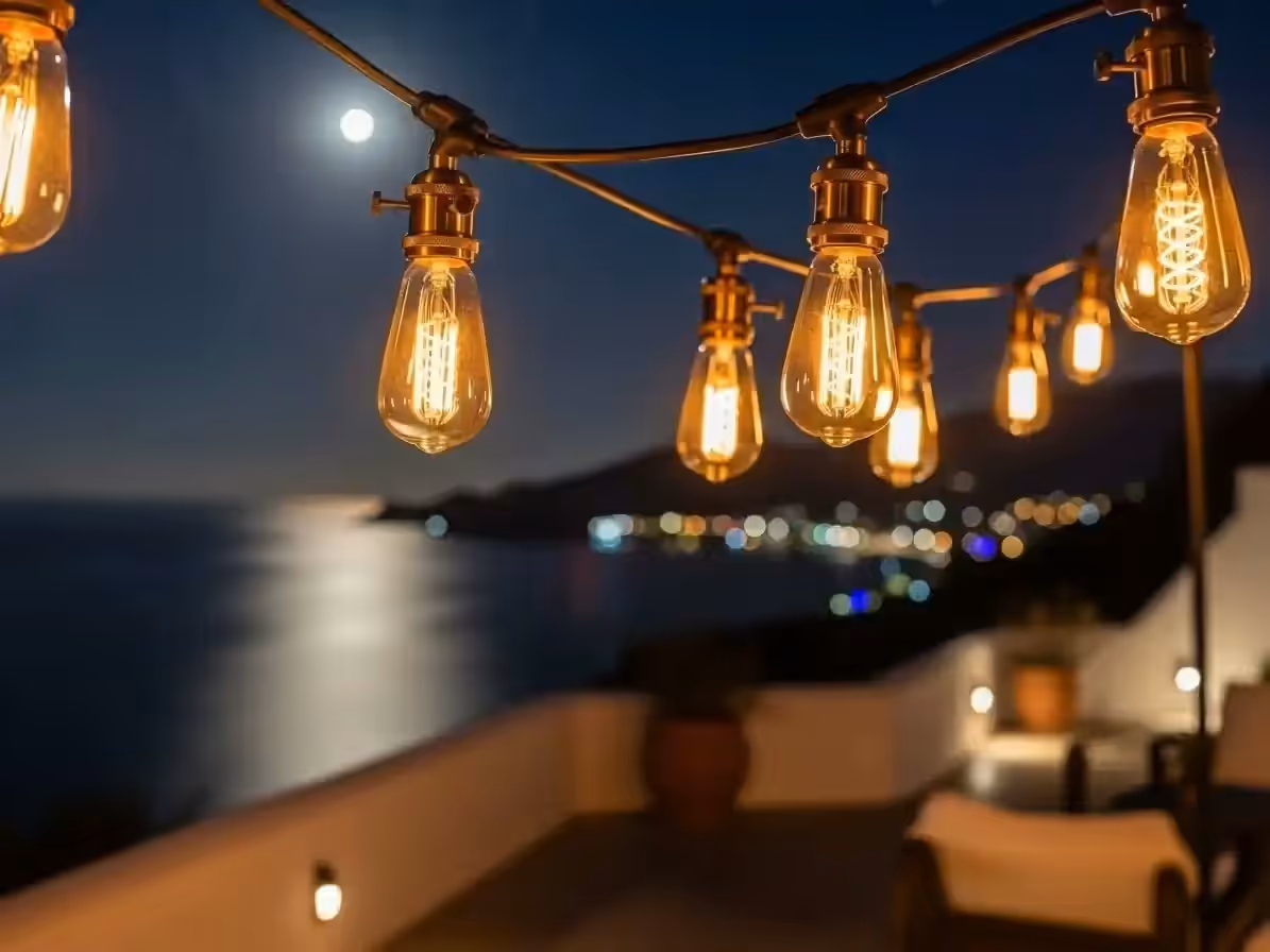 Luz ámbar de guirnaldas en área exterior de evento