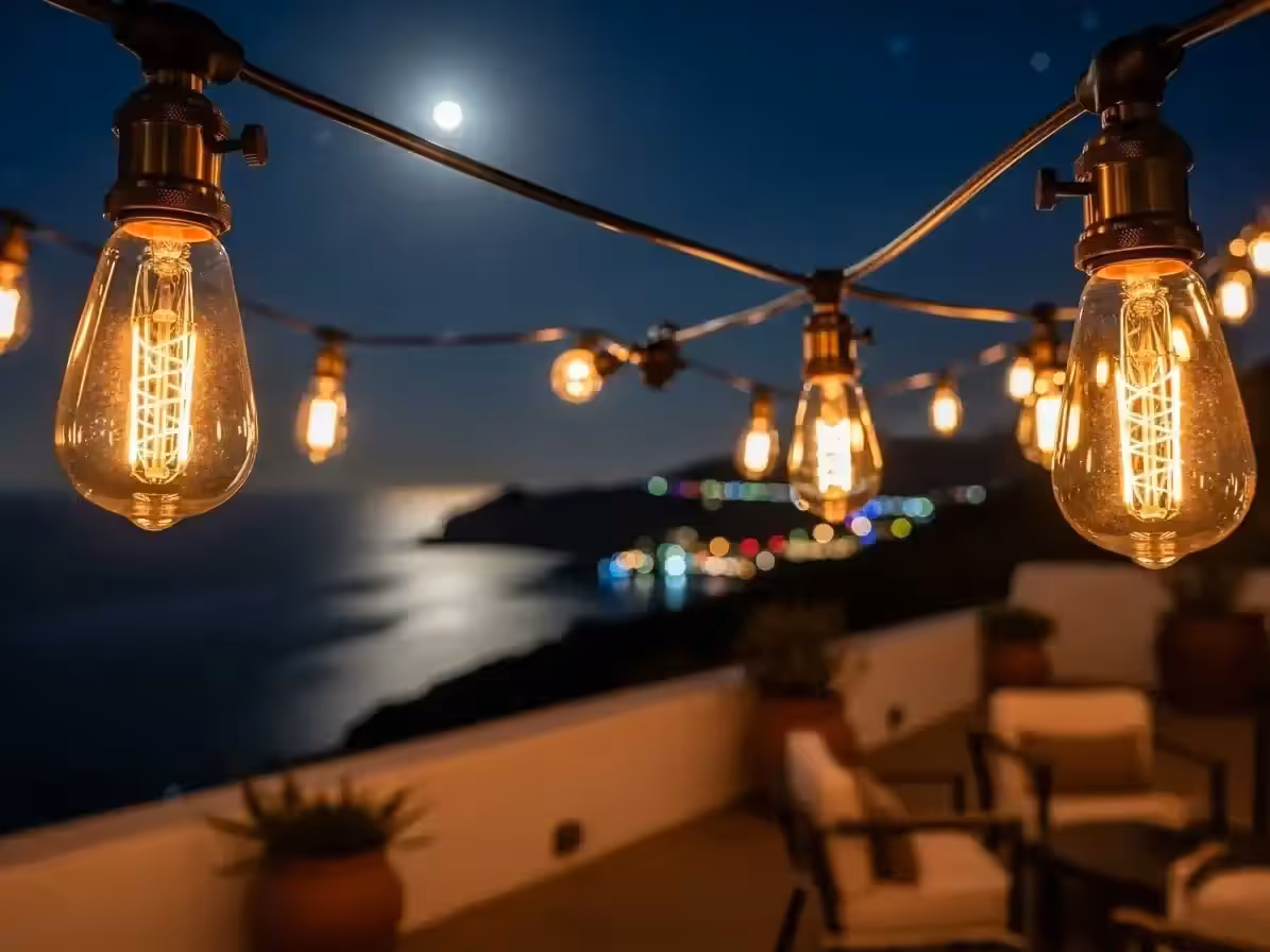 Terraza iluminada con guirnaldas y vista despejada