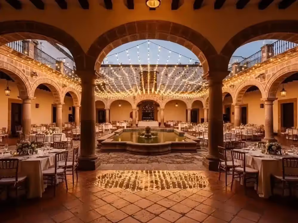 Recepción de boda en hacienda colonial con guirnaldas cálidas