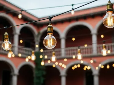 Focos Edison en patio colonial para fiestas elegantes CDMX