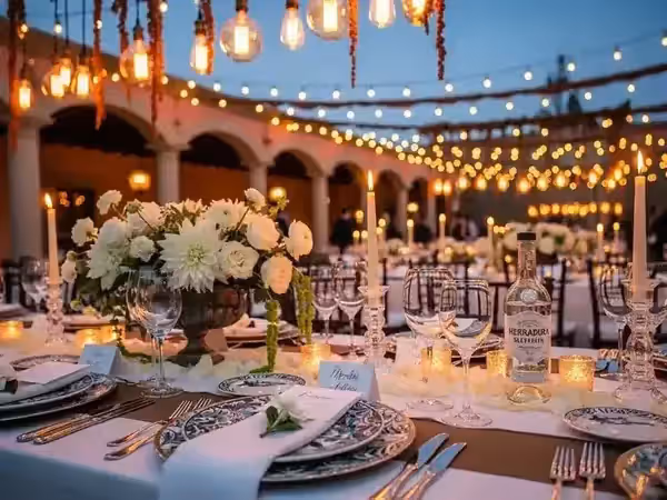 Mesa elegante de boda con guirnaldas de focos vintage encima