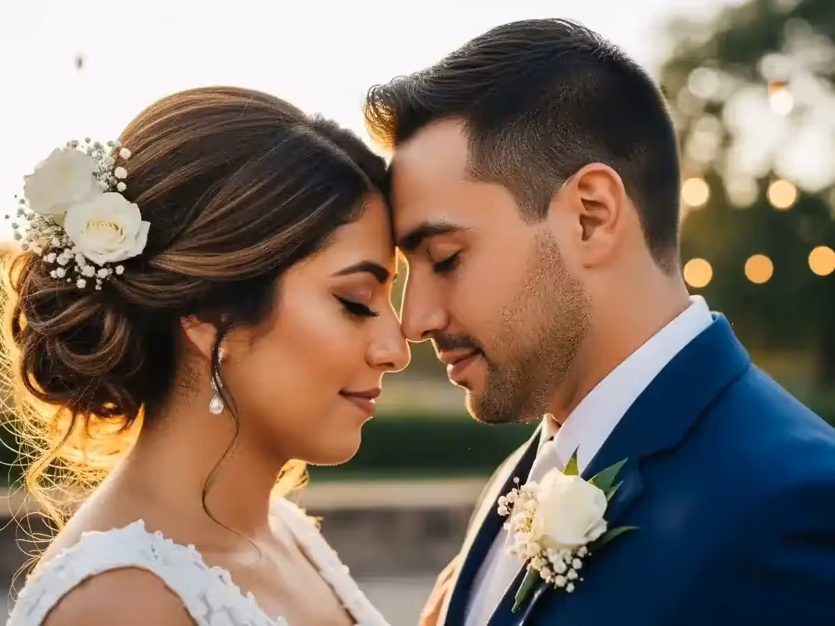 Pareja de recién casados en su recepción bajo la guirnalda