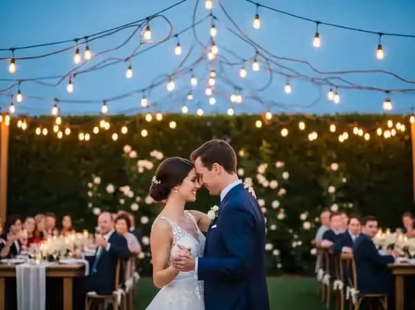 Primer baile de novios bajo dosel de guirnaldas