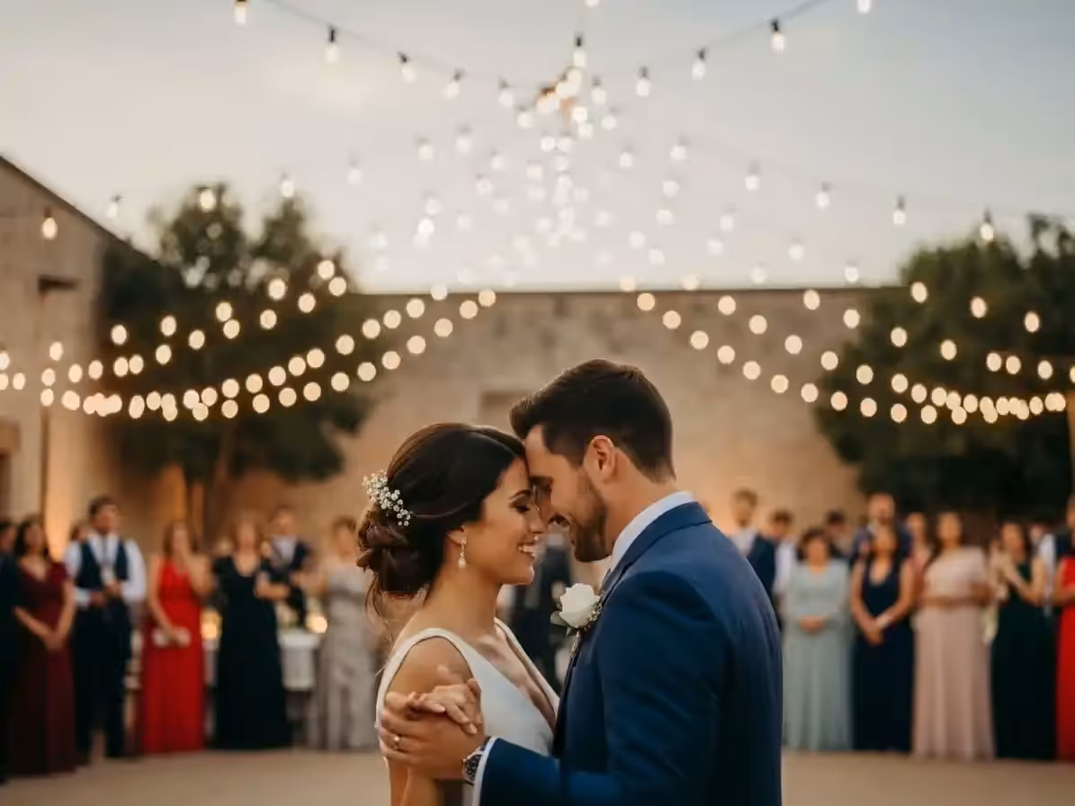 Novios bailando bajo la retícula de focos Edison del cielo de luces