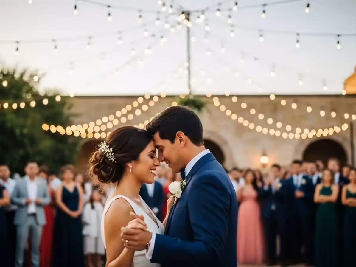 Primer baile rodeado de invitados con el dosel encendido arriba
