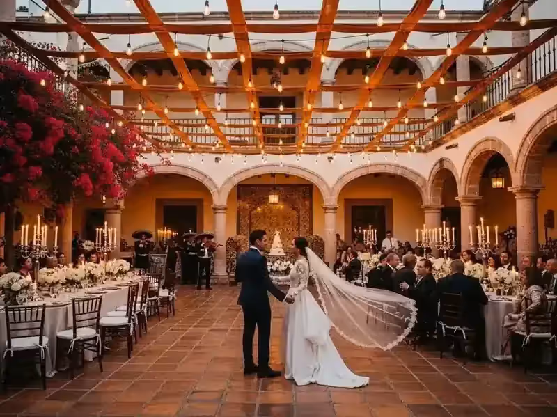 Recepción de boda en hacienda bajo guirnaldas cálidas