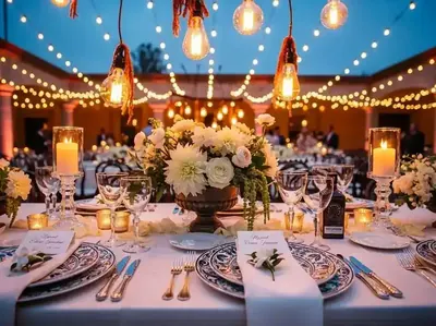 Guirnaldas para recepción de boda en hacienda - Mesas elegantes