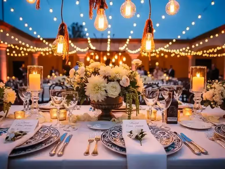 Iluminación cálida con guirnaldas Edison para boda en hacienda en diciembre CDMX