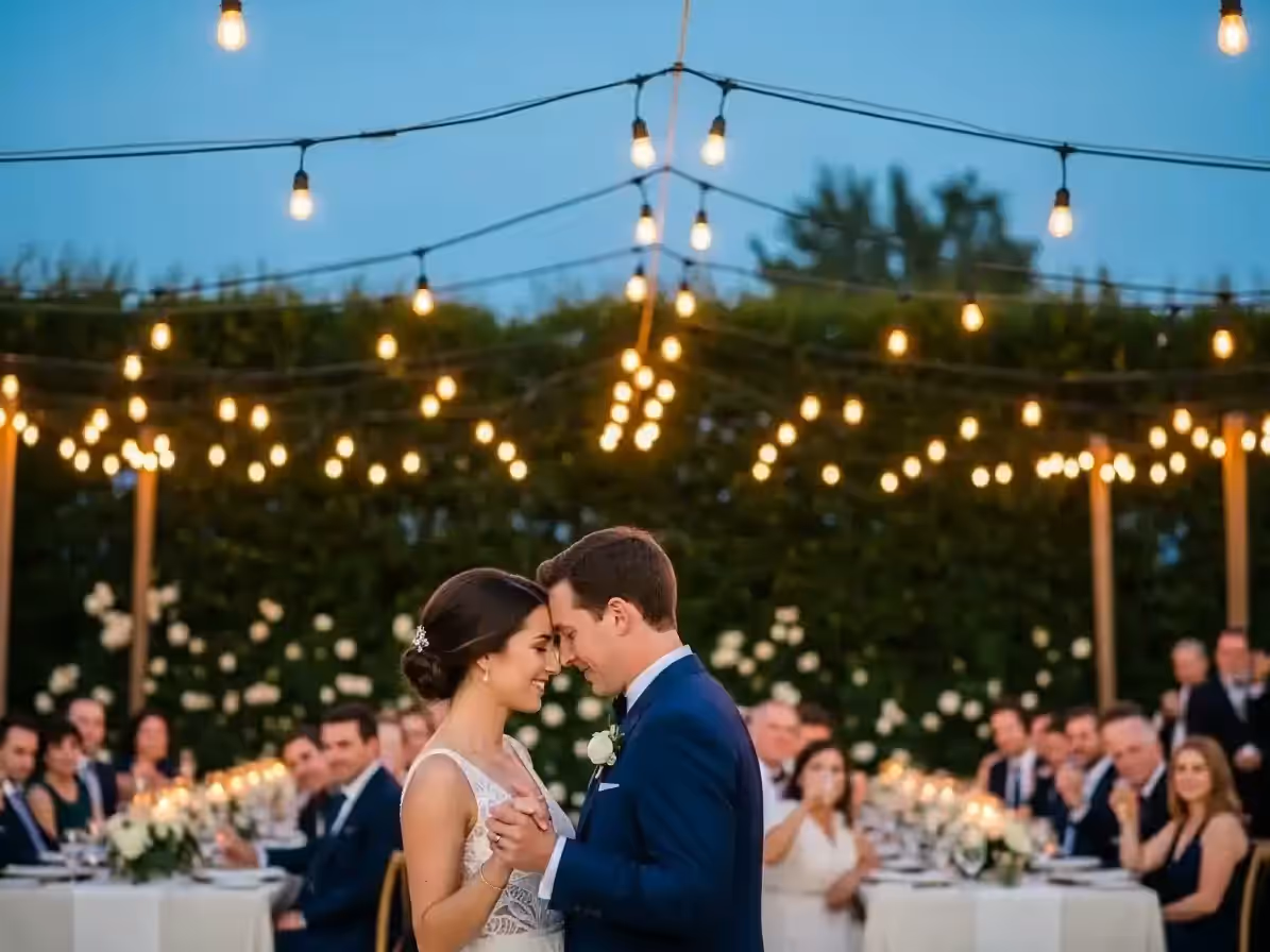 Tendido de guirnaldas vintage sobre la recepción de una boda en jardín