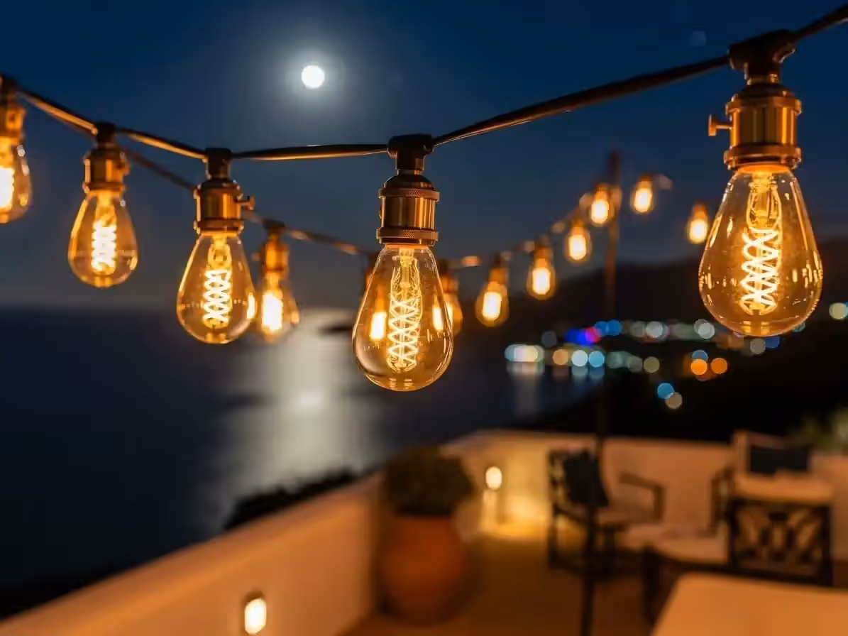 Evento de gran aforo iluminado con luces decorativas colgantes