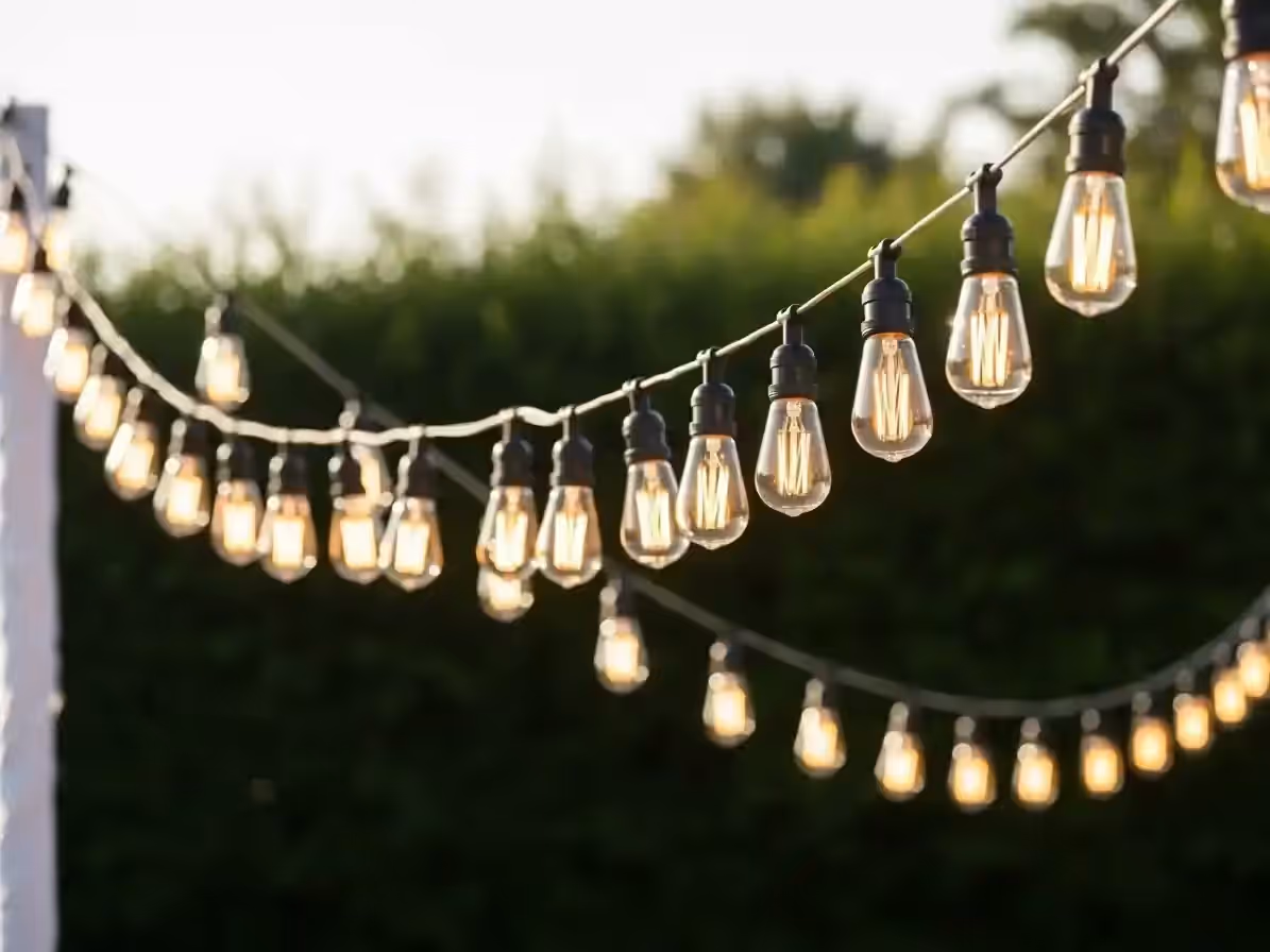 Series de luces vintage con focos Edison rentadas para evento nocturno en CDMX