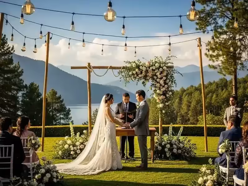 Votos de boda en entorno natural con guirnaldas de fondo