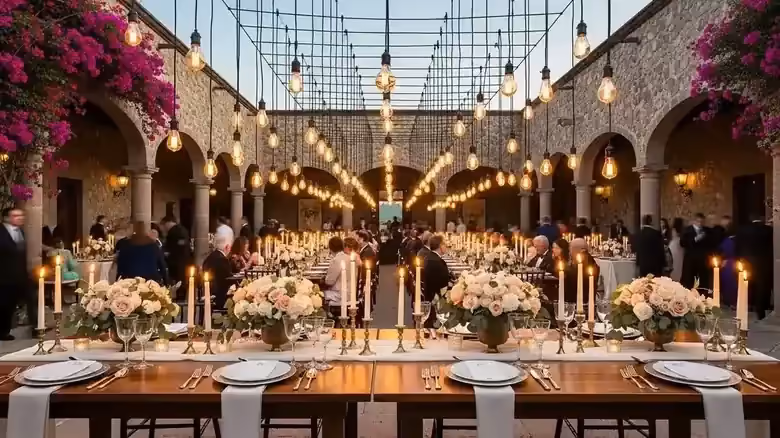 Iluminación profesional para boda en jardín con guirnaldas y uplighting