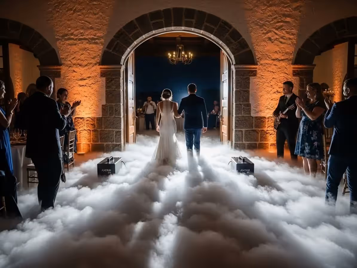 Salón de boda con niebla baja durante la recepción