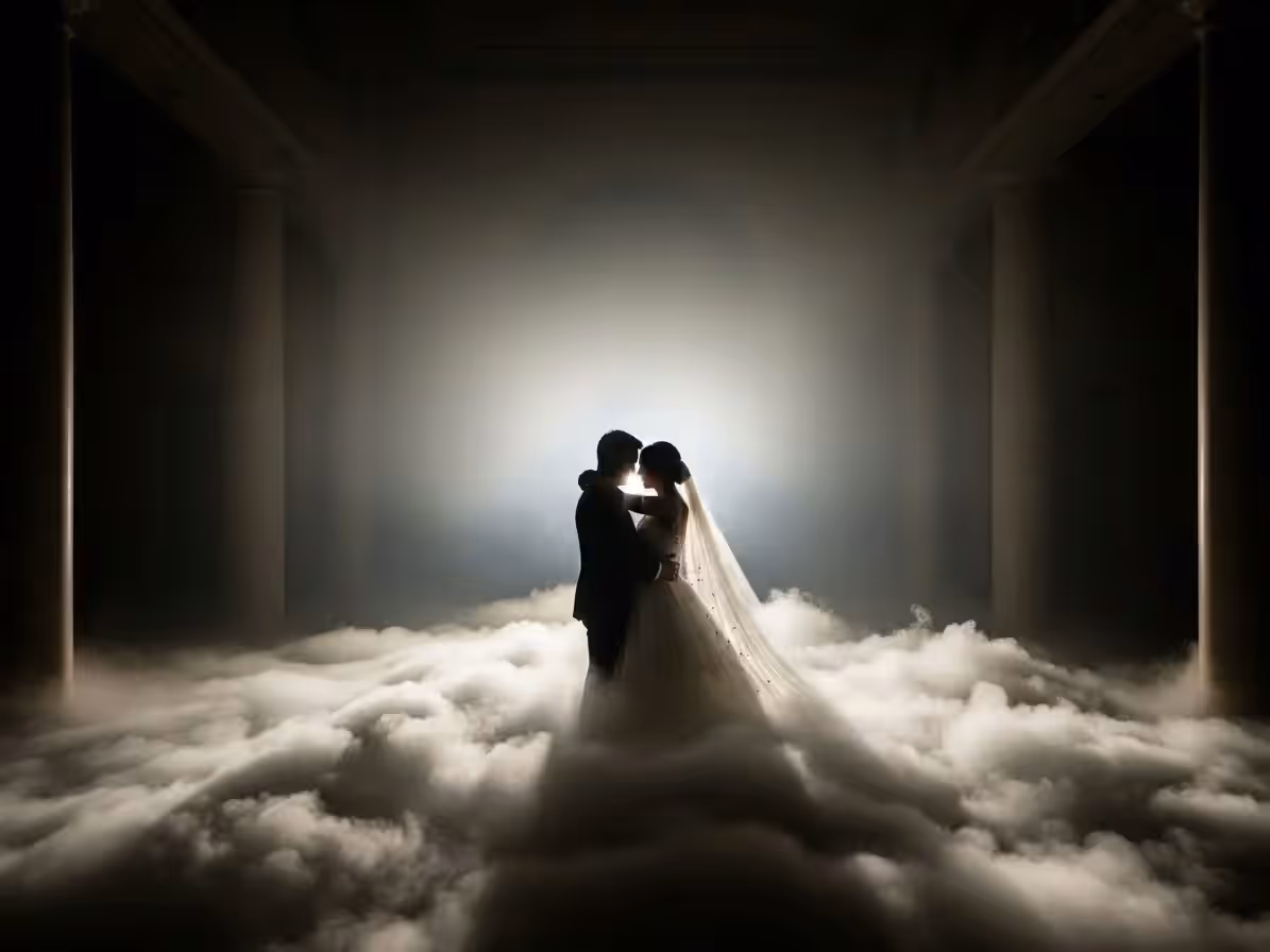 Entrada de la quinceañera al salón con nubes de niebla en el acceso