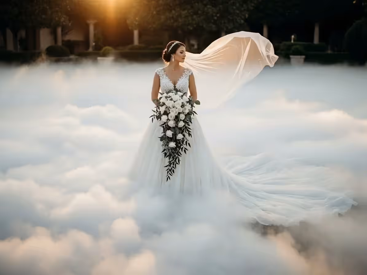 Niebla en el piso y luz de pista durante el primer baile de una boda