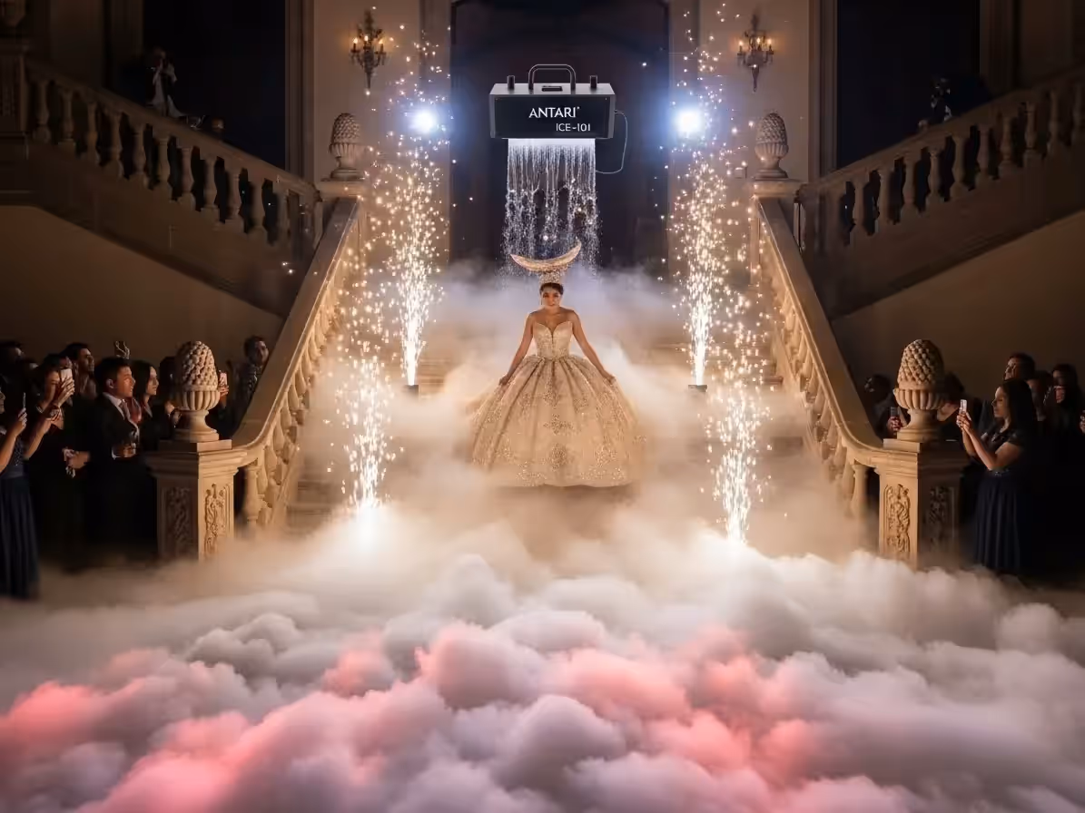 Niebla baja sobre piso de cantera en una boda de hacienda mexicana