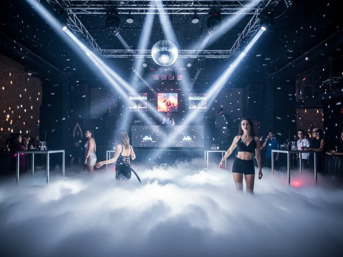 Efecto de humo en evento corporativo con escenario iluminado