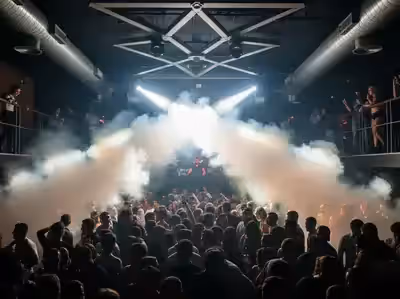 Máquina de humo llenando de niebla la pista de una boda en jardín