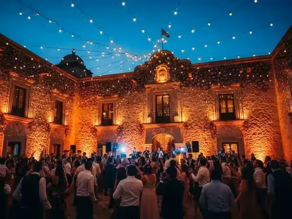 Uplighting ámbar en fachada de patio de hacienda durante boda