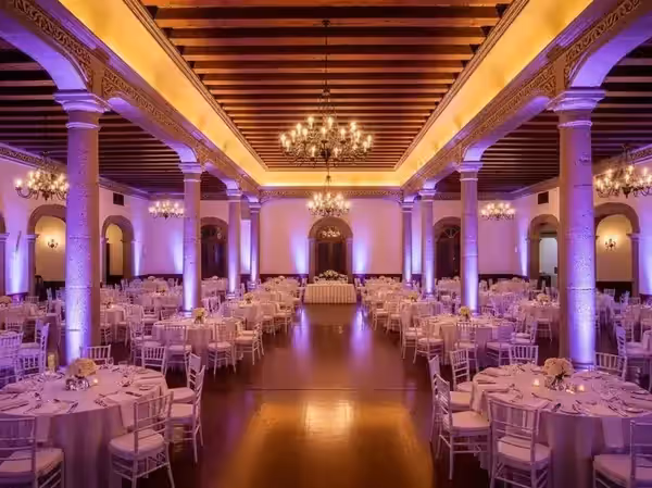 Interior de salón colonial con banquete de boda y muros en violeta