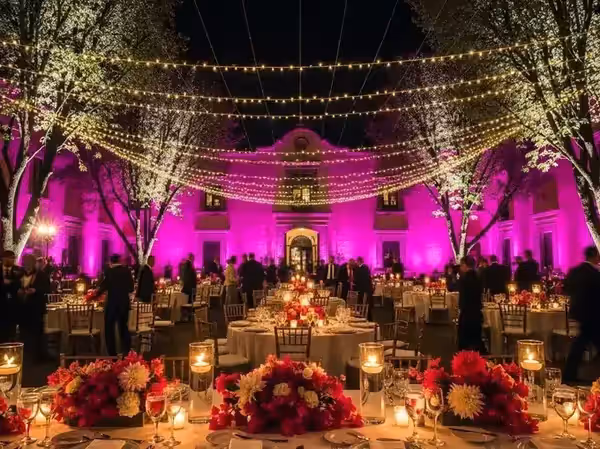 Boda con fachada en rosa, árboles del jardín prendidos y mesas al frente