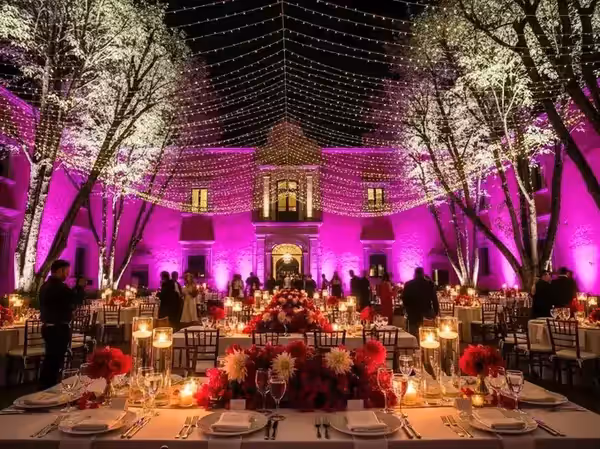 Dosel de boda frente a una fachada en rosa con arreglos florales