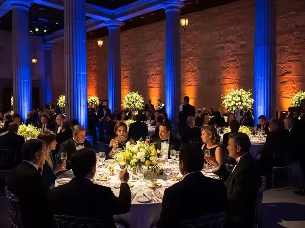 Cena de gala con columnas en azul y naranja dentro de un salón elegante